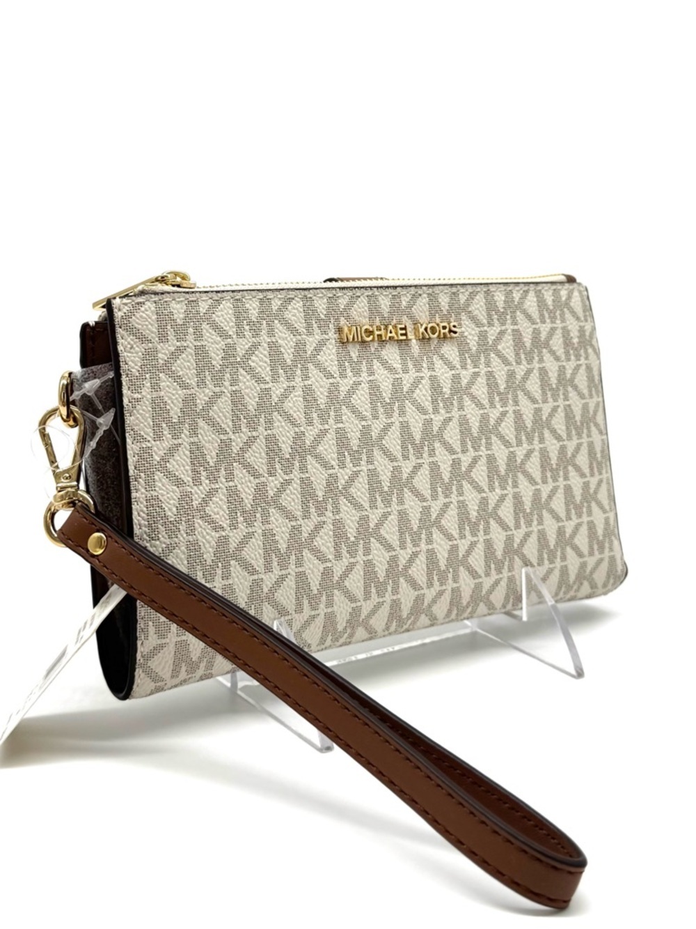 Michael Kors Large Double Zip Wallet Wristlet Vanilla/Brown - Picture 3 of 9